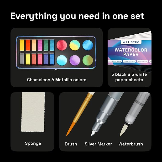 ARTISTRO Metallic Watercolor Paint Set with Palette & Brush Pens - 18 Color | Portable Paint Art Kit, Travel Water Color Set, For Adults, Professionals, & Kids, Art & Painting Supplies, Gift Idea