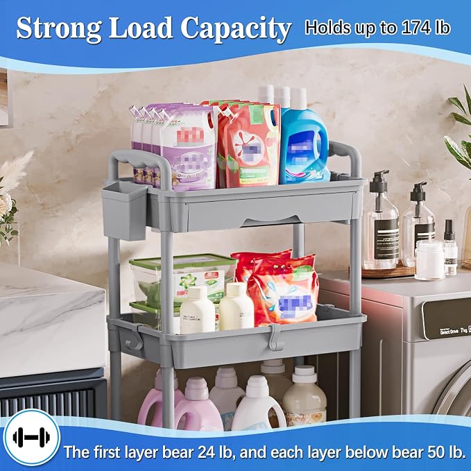 SUNALLY 4 Tier Rolling Cart with Drawer, Craft Storage Cart Organizer, Gray