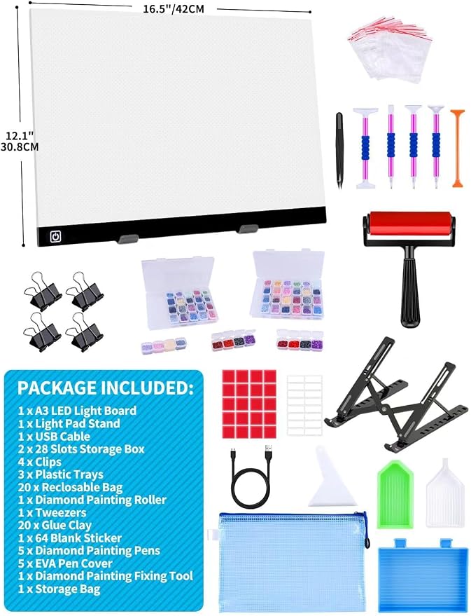 Ratukall A3 LED Light Pad for Diamond Painting, USB Powered Light Board Kit | Adjustable Brightness Light Box for Tracing with Diamond Art Accessories & Tools, Includes Storage Case, Drill Pens & Stand
