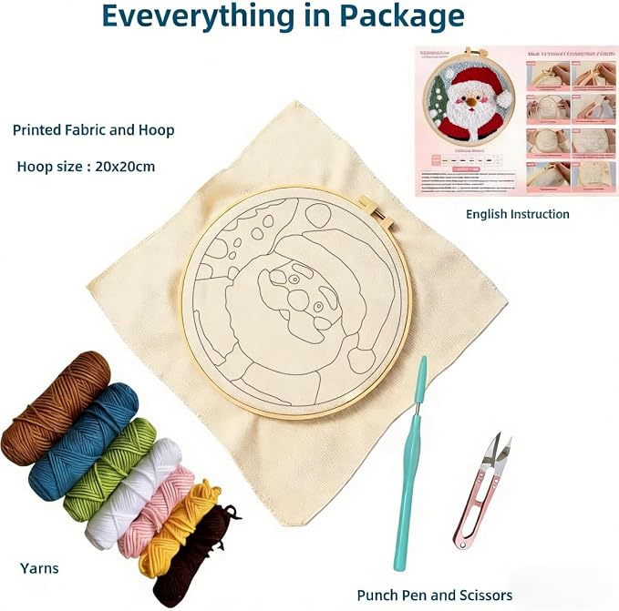 DIY Punch Needle Kits Santa Claus with Hoop 20x20cm-9
