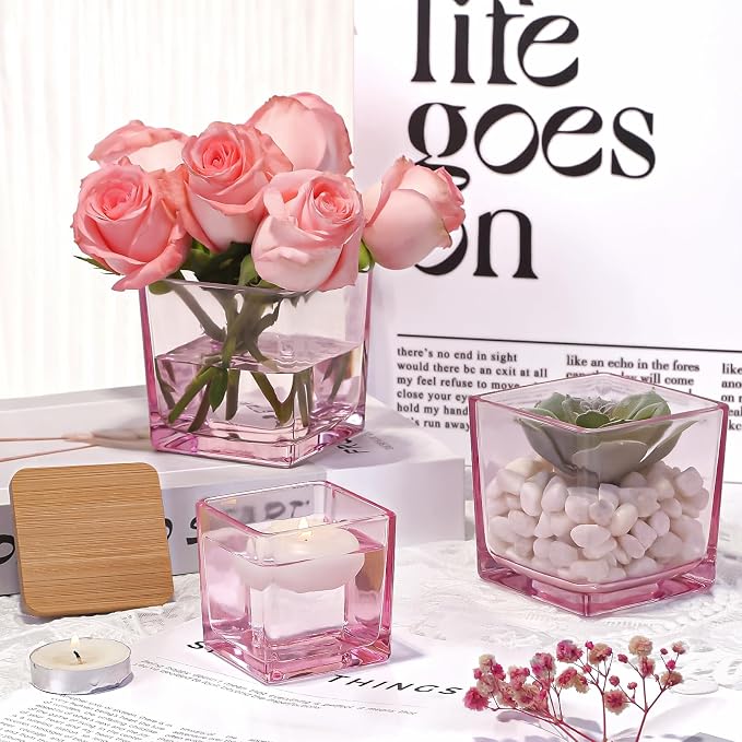 CONNOO 12 Pack 9oz & 3oz Pink Glass Square Candle Jars with Bamboo Lids