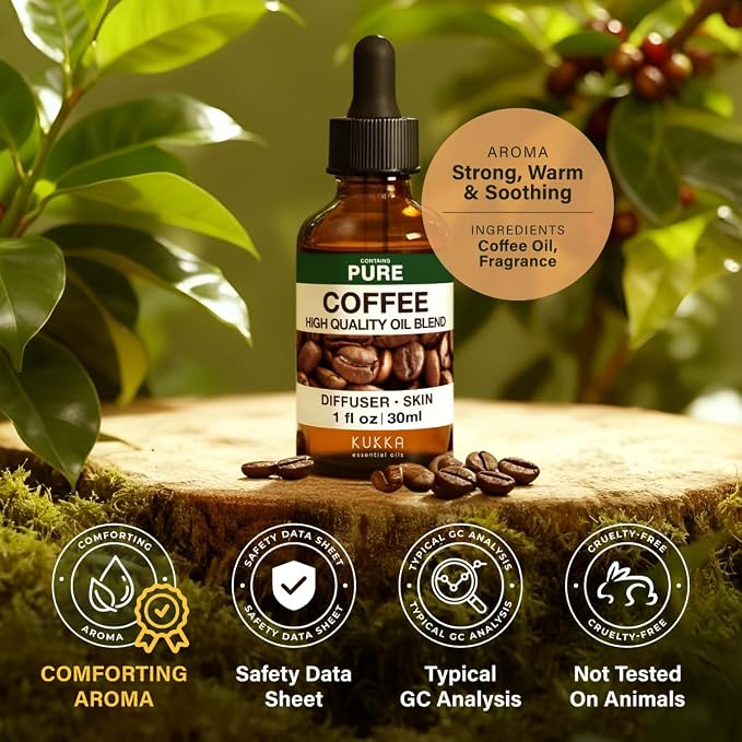 Kukka 100% Pure Coffee Essential Oil for Skin, Diffuser, 1.02 Fl Oz | Undiluted Coffee Oil for Energizing Diffuser Blends, Scalp & Skin Care, Massage & DIY Soap Making