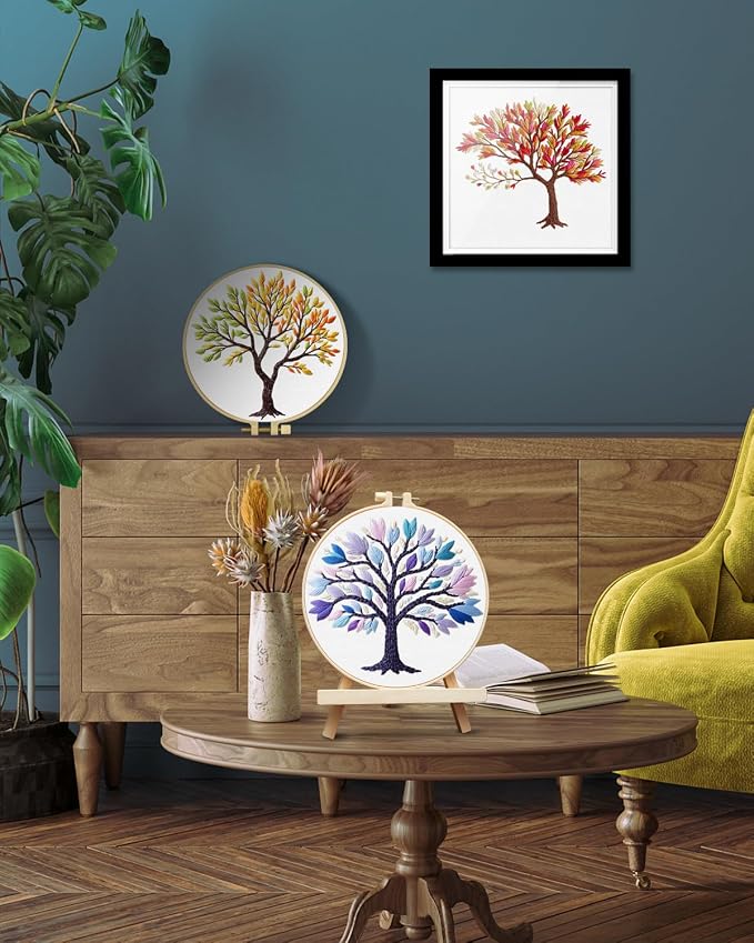 TINDTOP Embroidery Kit for Adult, 3 Pack Embroidery DIY Starter Kit | with Stamped Patterns, Hoop, Tools, Colorful Threads with Needles, Instructions (Color Tree)