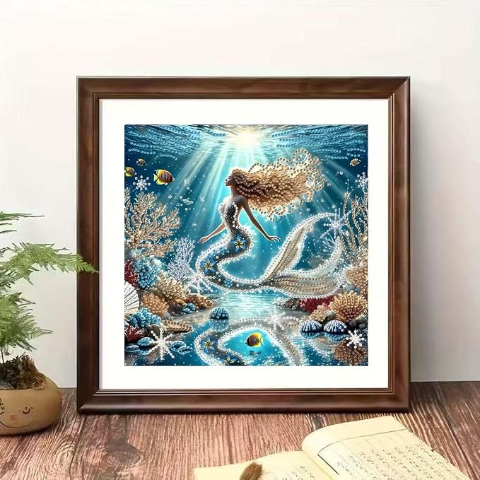 OJTOYART Sea-Maid Diamond Art Kits for Adults, 5D Special ShapeDiamond Art for Beginners，DIY Round Full Drill Diamond Dots,Gem Painting for Adults Crafts Home Wall Decor 11.8 x 11.8 Inch