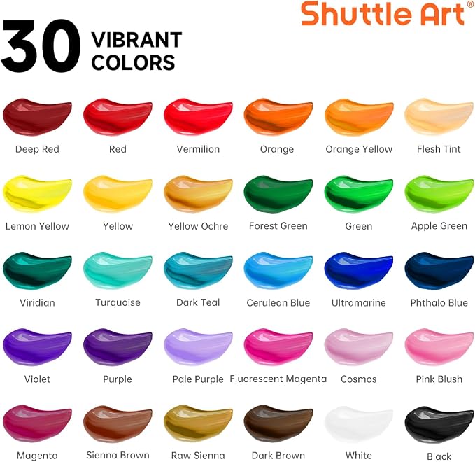 Shuttle Art 30 Colors Acrylic Paint Set, 36ml Tubes with 3 Brushes, Artist Grade Acrylic Paint, for Kids Adults Beginners, Painting on Crafts Canvas Wood Rocks