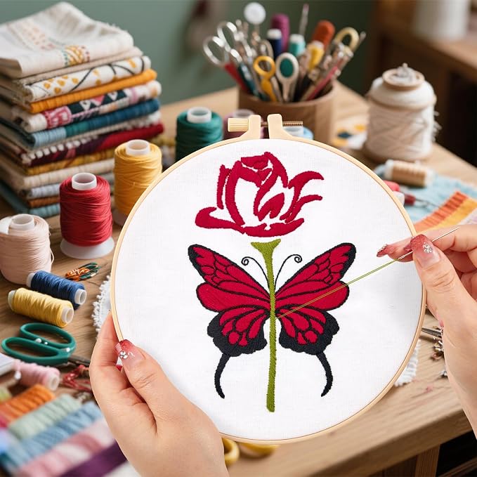 Butterfly Rose Embroidery Kits for Beginners Adults, Valentine's Day Hand Embroidery Kits, Cross Stitch Kits for Adult Anniversary Valentine's Gifts, Entire Set of Embroidery Supplies & Video Tutorial