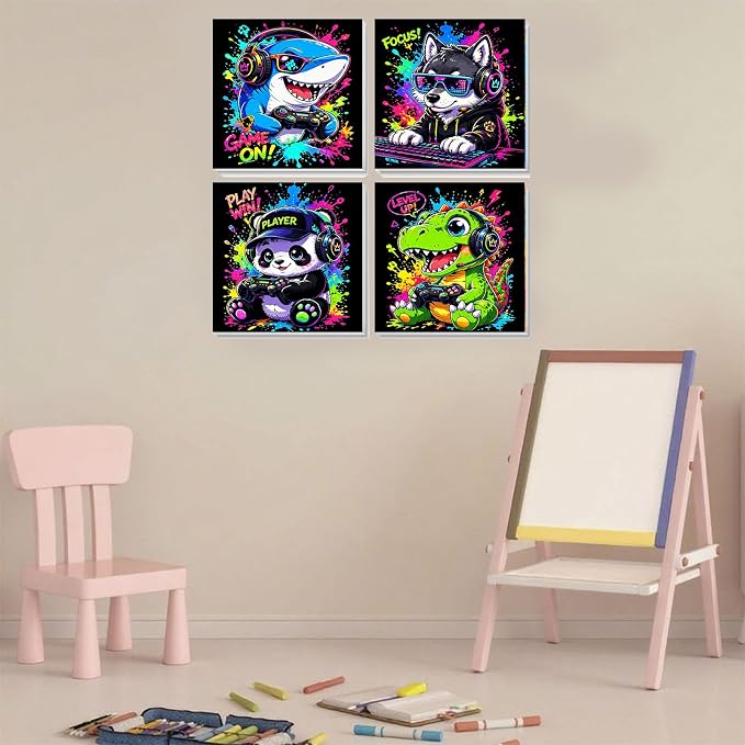 Arttoplus 4 Pack Paint by Numbers Kit for Kids with Frame Animals, 8x8in | Cute Animals Playing Video Games Kids Paint by Numbers Ages 4-8-12 with Wooden Easel, Painting by number for Gift Home Decor