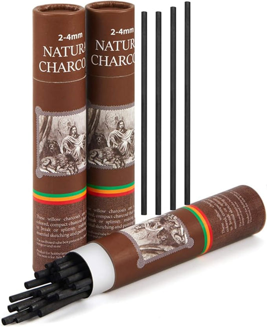 Gueevin 50 Pcs Soft Willow Charcoal Sticks Drawing,2-4mm | For Artists Beginners Students, Vine Charcoal Bulk for Sketching Shading Fine Art, Assorted Sizes, Back to School Gifts
