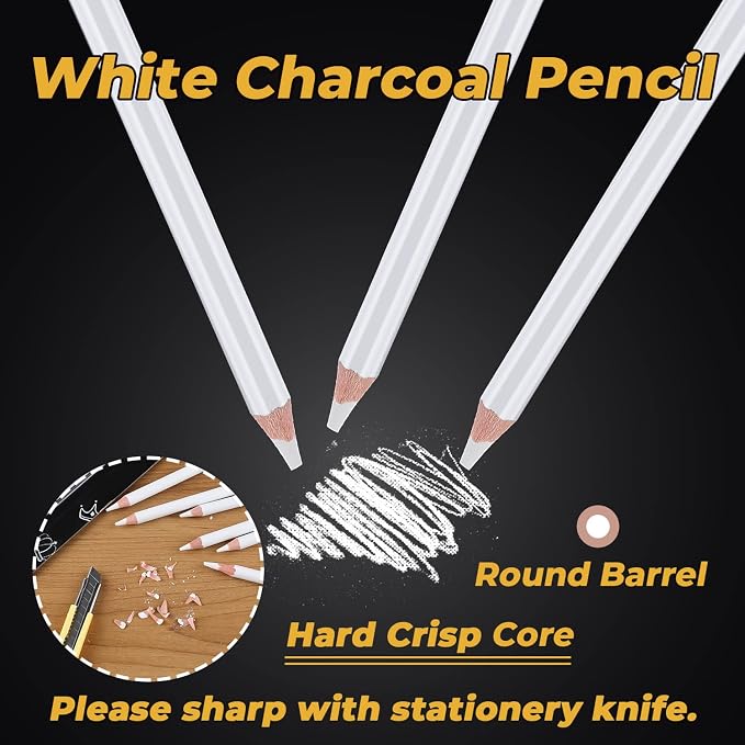 Dyvicl White Charcoal Pencils Drawing Set, 6 Pcs Sketch Highlight Pencil Hard Charcoal White Pencils for Drawing, Sketching, Shading, Blending