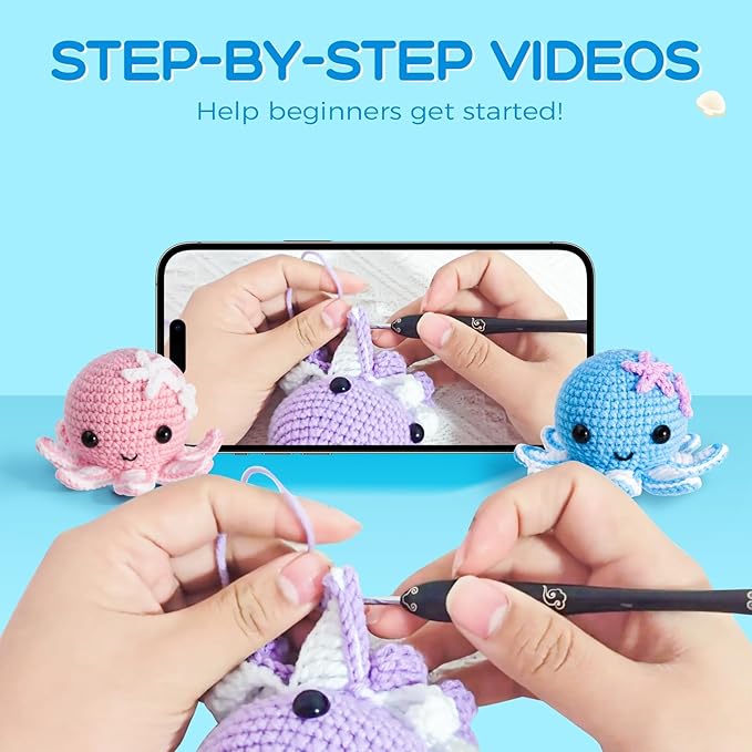 Crochet Kit for Beginners: Make 3 Cute Amigurumi Animals with Easy-to-Follow Video Tutorial, Complete Beginner Crochet Kits for Kids Adults, Creative Christmas Birthday Gift Idea for Women & Girls