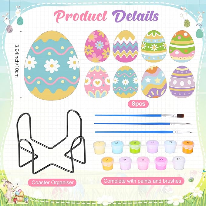 Reallnaive 8 Pcs Easter Eggs Paint by Numbers Kit for Adults Wooden Coaster | Mini Paint by Numbers, Tiny Cute Round Oil Painting Drink Coaster with Holder, for Small DIY Craft Birthday Gift