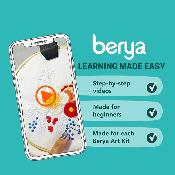 BERYA Embroidery Kit for Beginners, Flowers and Leaves Embroidery Practice Kit, Hand Floral Embroidery Starter Kit for Adults with Video Step by Step Instructions, Hoops, Threads and Needles (BEF014)
