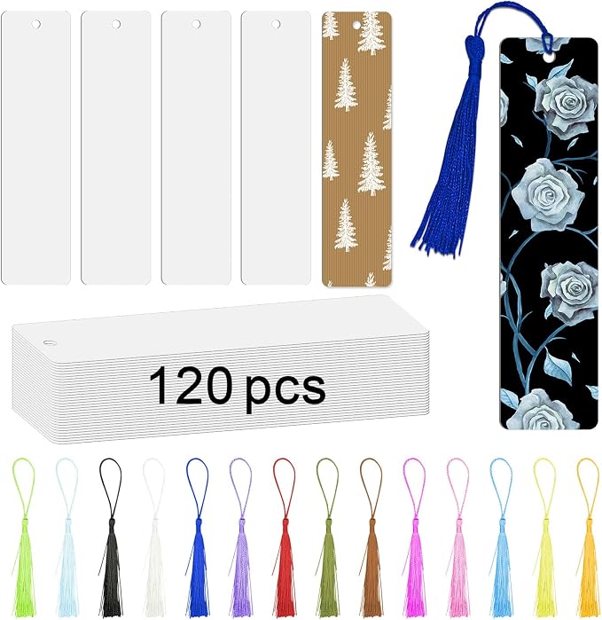 GEKIXUTP 120 Pcs Sublimation Bookmark Blank Heat Transfer Aluminum Metal Bookmarks Bulk DIY Bookmarks with Hole and Colorful Tassels for Crafts,Personalized Tassels Blank Bookmarks, White