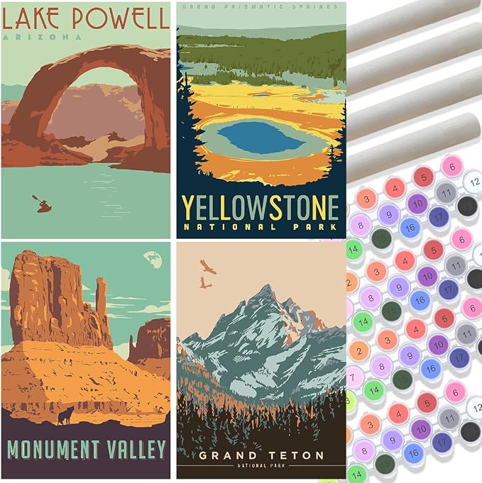 TONGZONGFU 4 Pack National Park Paint by Numbers Kit for Adults Beginners - 10x14 Inch Easy Paint by Number Landscape Kits on Canvas,Wander Painting National Parks Paint by Number (Without Frame)