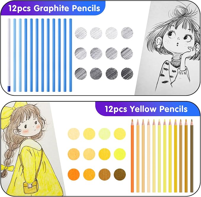 Professional Drawing Set,12 Colored Pencils,12 Graphite Pencils,Eraser,Case | Portable Travel Colored Pencil Case,Sketching Shading Blending Art Supplies,Gifts for Artists Adults Beginners.Yellow Black