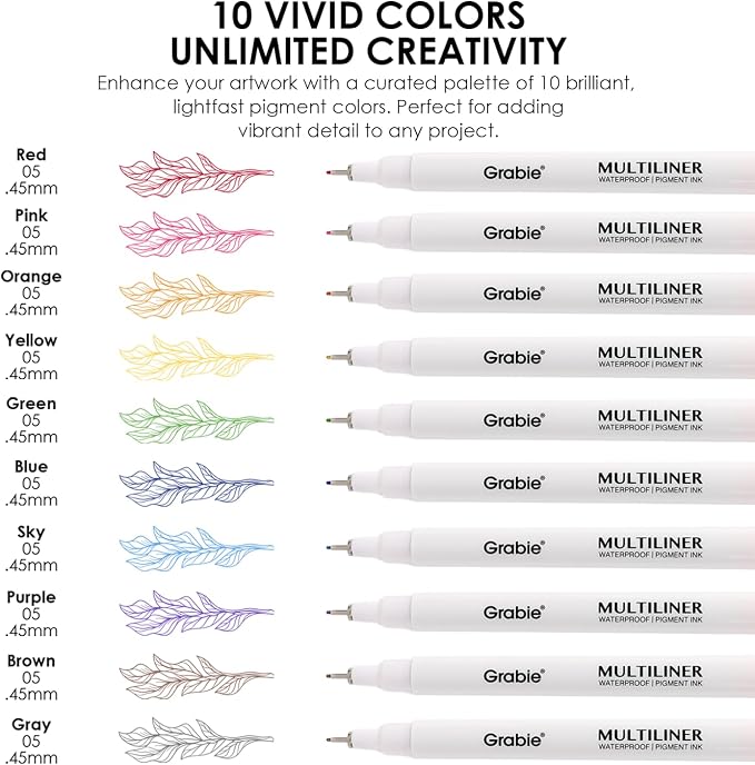 Grabie Micro Fineliner Pens, Set of 20 Multicolor Waterproof Drawing Pens | Waterproof Pigment Ink, Assorted Tip Sizes, Precision Fine Lines, Metal-Clad Nibs, Smooth Ink Flow, Smudge Resistant