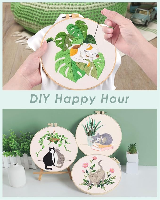 ERKOON 4 Sets Embroidery Kit for Beginners,Hummingbird and Flower Cross Stitch Set for Include Embroidery Cloth Hoops Threads for Craft Lover Hand Stitch (Cat)