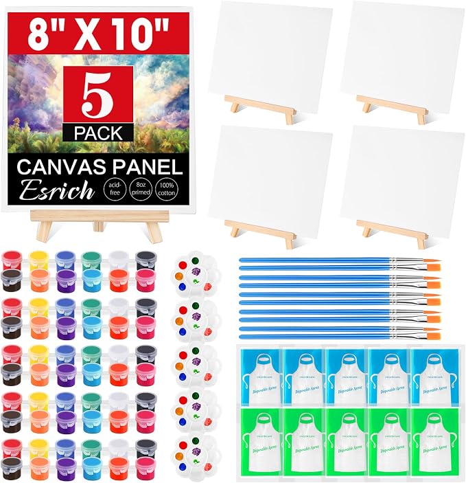 ESRICH 5 Pack 8x10 Canvas and Easel Set, Mini Acrylic Paint, Paint Brushes, Palettes, Aprons, Paint Kits for Adults Couples Friends Date Night Painting Party Supplies