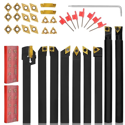 Indexable Lathe Turning Tool 27Pcs Kit 3/8'' 10mm Shank, 9Pcs Metal Lathe Tools Holder Set with 18Pcs Inserts, for Turning Grooving Threading Boring, Lathe Tooling with Reverse Tool Design