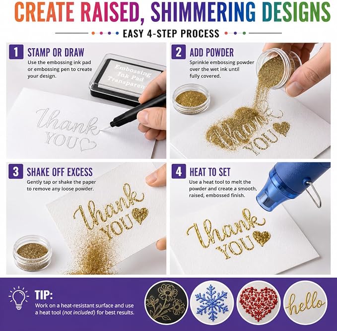 Embossing Kit with Heat Tool Bundle, Embossing Powders, Complete Embossing Starter Kit, Clear Embossing Pen, Embossing Ink Pad, 8X 10ml Embossing Powders for Crafts