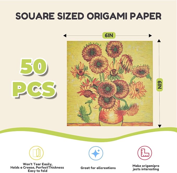 JoyCat Van Gogh Patterned Origami Paper, 50 Double-Sided Sheets, 6x6 Inch | Starry Night and sunflower-inspired designs bring bold Post-Impressionist color to origami, cards and creative paper crafts.
