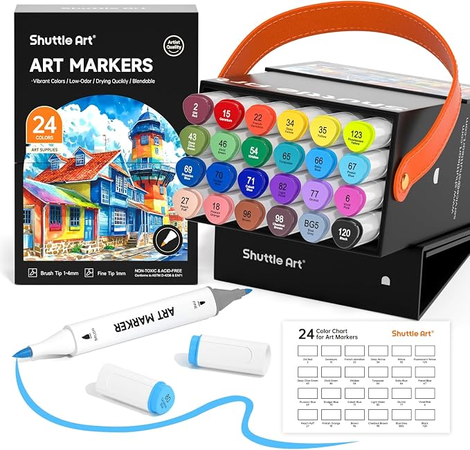 Shuttle Art Brush Tip Alcohol Markers, Dual Tip Brush & Fine Tip Art Marker Set, 24 Colors Marker Pens with Case Perfect for Illustration Kids Students Adults Coloring Sketching