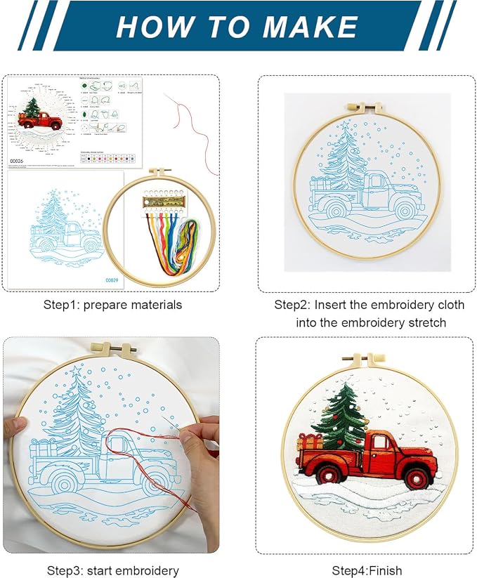 Zhenqing Christmas Embroidery Kit for Beginners - 4 Piece 29x29cm Round Hoop Art with Pre-Printed Cotton Fabric, Embroidery Hoop, Threads & Tools (Merry Christmas, Stocking, Truck, Gnomes)