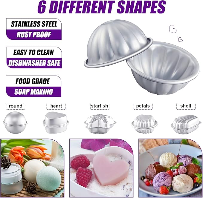 Patelai 12 Pcs Bath Bomb Molds 6 Shapes Metal DIY Bath Bomb Making Crafts