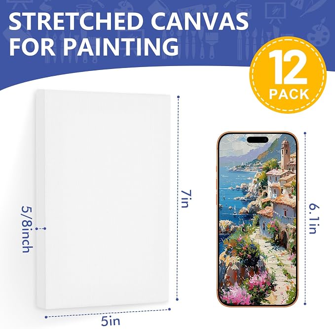 FUMILE 5x7 Canvas for Painting, 12 Pack Stretched Small Canvases for Painting-5/8 in Profile Primed White Blank Painting Canvas Value Pack for Oil & Acrylic Paint