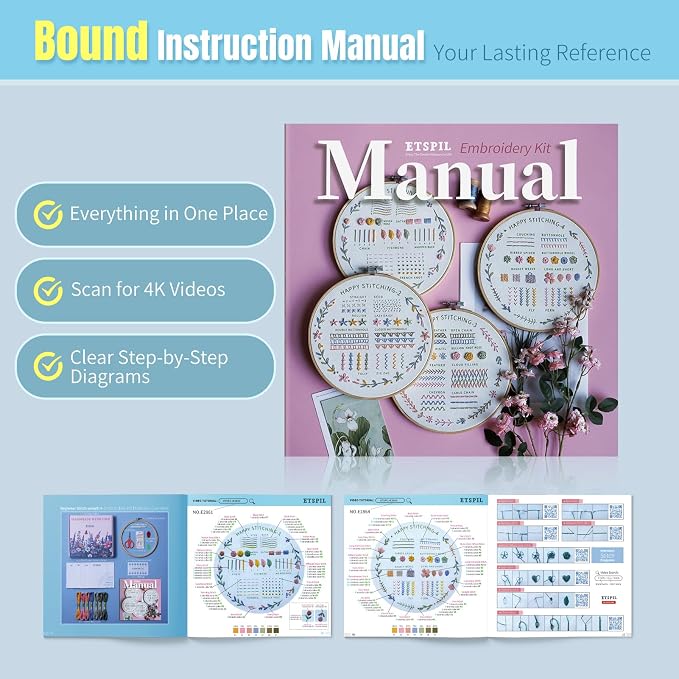 ETSPIL Beginner Embroidery Kit, 4K Video, 4 Floral Patterns, Gift Box | 4 Pre-Printed Wreath Designs. Embroidery Stitch Book Kit, Step-by-Step. 20% Extra Floss. Easy to Start, Relaxing Craft