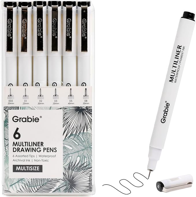 Grabie Micro Fineliner Pens, 6 Black Waterproof Drawing Pens | Waterproof Pigment Ink, 6 Assorted Tip Sizes, Precision Fine Lines, Metal-Clad Nibs, Smooth Ink Flow, Smudge Resistant