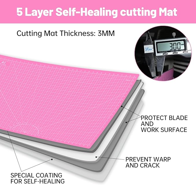Headley Tools Thickened 24 x 36 Inch Self Healing Sewing Cutting Mat, A1 Rotary Cutting Sewing Mat for Crafts, Double Sided 5-Ply Table Cutting Board for Fabric Quilting Leather Hobby, (Pink/Purple)