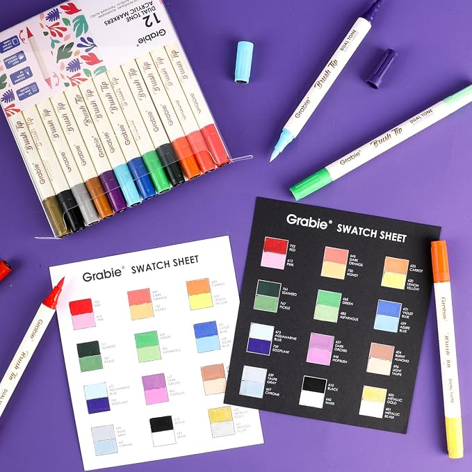 Grabie 24 Color Acrylic Paint Markers, Pack of 12 Dual Tip Brush Pens | 24 Colors in 12 Markers,Dual Tip Soft Brush Design,Water-Based Acrylic Ink For Paper, Rock, Wood, Canvas, Glass & Fabric