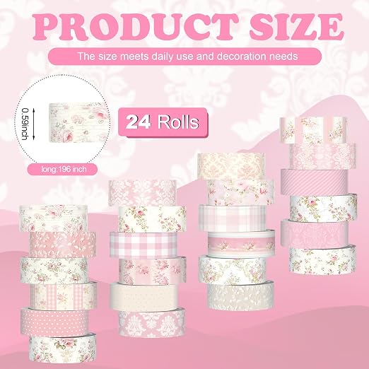 Gueevin 24 Rolls Floral Washi Tapes Set Scrapbook Supplies, Roses and Lace | 15 mm Watercolor Flower Washi Tapes, Back to School DIY Craft Arts, Junk Journaling Planner Gift Wrapping Supplies