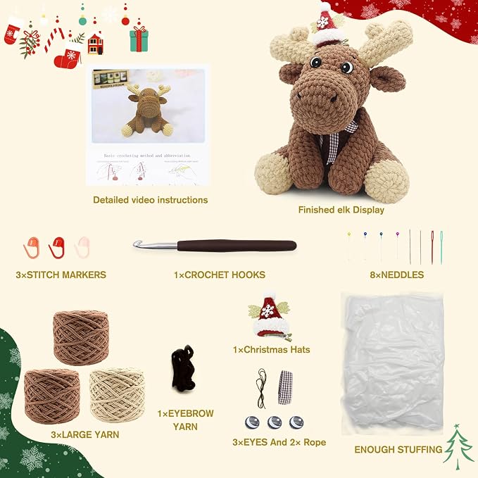 CODGP Crochet Kit for Beginners, 11.8-Inch Elk Crochet Kit for Adults | Crochet Starter Kit Gift, Animal Amigurumi Kit, Durable Chenille Yarn, Full Supplies, Step-by-Step Videos, for Crochet Lovers