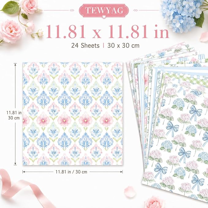 Blue Scrapbook Paper Double Sided 12x12 Watercolor Hydrangea 24 Sheets