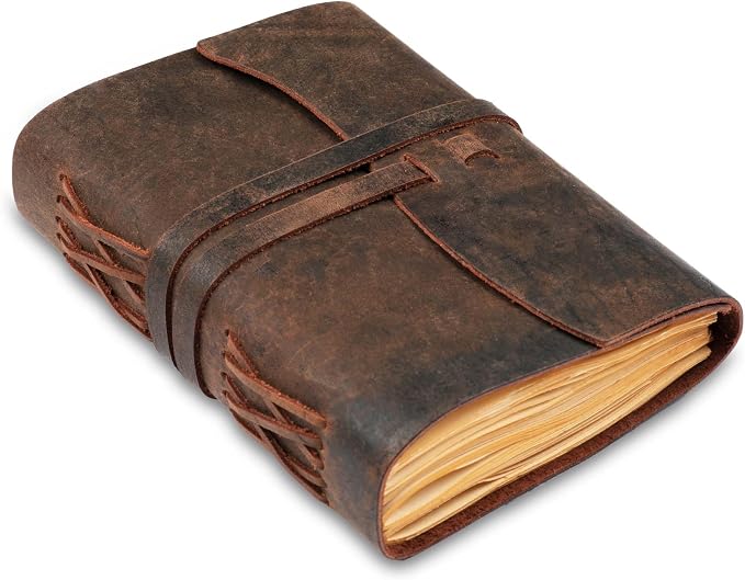 LEATHER VILLAGE Leather Bound Notebook Edge Cut, Rustic Brown A4.
