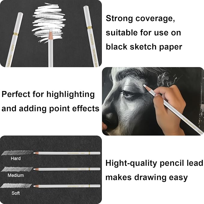 Aeni White Chalk Pencil, Pack of 12, Charcoal Pencils for Drawing | Art Supplies for Highlighting, Portraits, Landscapes, Sketching, Blending, Artist Supplies for Beginners & Pro Artists