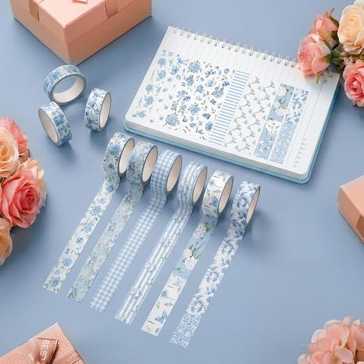 12 Rolls Floral Washi Tape Set,Blue,Rose | Watercolor Flowers Design for Scrapbook Journal DIY Craft School Supplies, 15 mm Vintage Decorative Masking Washi Tapes