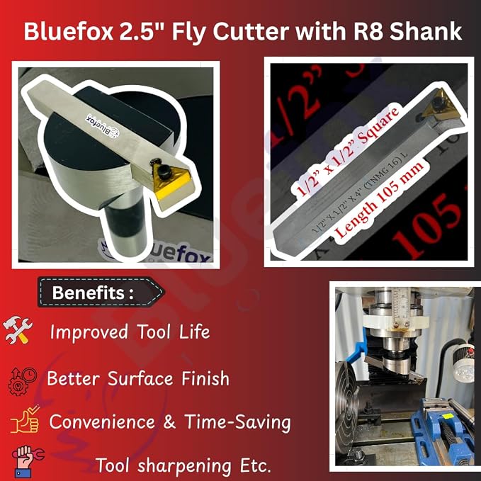 Bluefox 2.5 Fly Cutter R8 Shank for Bridgeport Milling Machine Includes 1/2"x 1/2"x 4" Indexable Tool Bit 7/16 UNF Drawbar High-Precision Machining Tool for Smooth Surface Finishing & Material Removal