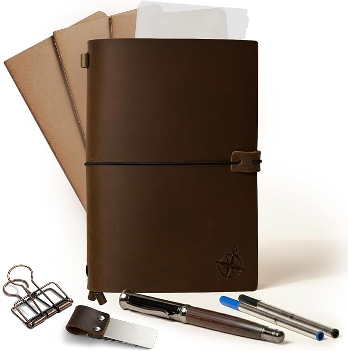 WANDERINGS A5 Travelers Notebook Bundle – 6" x 8.5" (15 x 22cm) – Genuine Leather Journal with Pen Holder, Pen, 2 Ink Refills, PVC Folder & Binder Clip