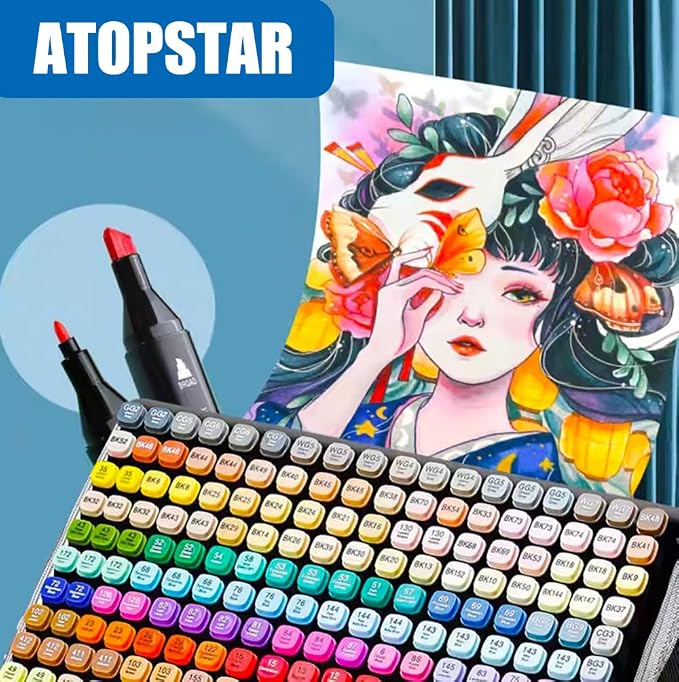 ATOPSTAR 262 Colors Alcohol Markers for Artist Drawing - Dual Tip Art Markers for Adult Coloring Painting Supplies (262 Black Shell)