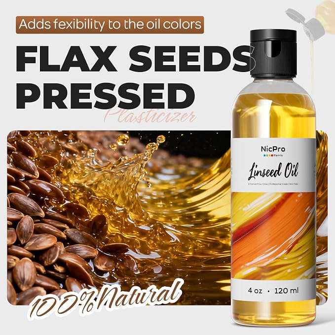 Nicpro Refined Linseed Oil, 120ml (4oz) Linseed Oil Medium for Painting | for Thinning Oils, Artists, Painting Thinner, Professionals to Enhance Flow, Translucency & Gloss