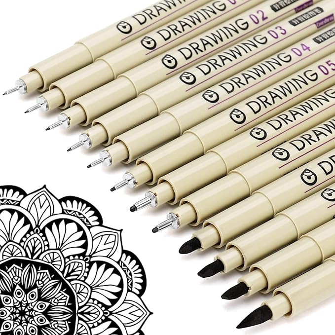 Muchcute Micro Fineliner Drawing Art Pens,12 Black Art Supplies Adult Craft | Waterproof Archival Ink Artist Fine Line Markers Liner, Sketch Outline Anime Gifts Manga Sketching Watercolor Zentangle Stuff