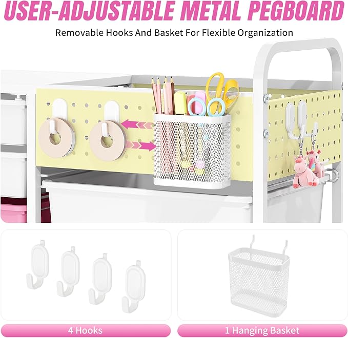 14 Drawer Rolling Storage Cart with Tabletop and Pegboard for Crafts Pink | Easy Setup, Large Capacity, Sturdy Build, Smooth Mobility, For classroom, office and dorm supplies