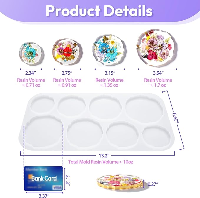 HeyClear 8-Cavity Coaster Resin Molds - 4 Different Diameter Wave Shaped Silicone Casting Molds for Epoxy Resin DIY Coasters & Resin Crafts