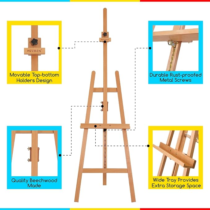 MEEDEN Large Basic Studio Easel: Solid Beechwood, Hold Art Canvas up to 50" | Adjustable Height from 69"-88" for Studio Gallery, Multiple Work Angles A-Frame Easel for Adults Artists Beginners, Natural