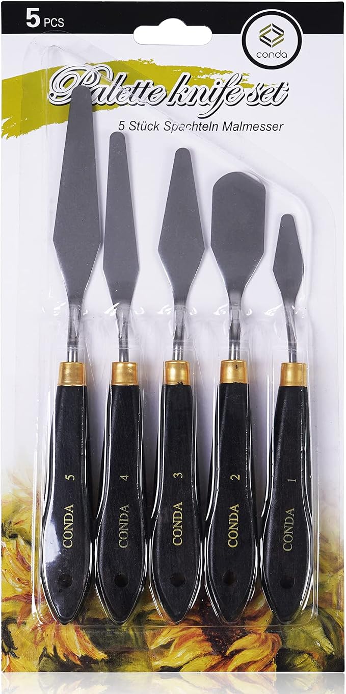conda Palette Knife Painting Stainless Steel Spatula Palette Knife Oil Paint Metal Knives Wood Handle (Black 5 Piece)