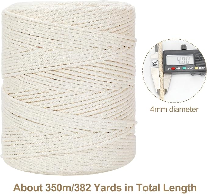 Macrame Cord 4mm x 380Yards (1140Feet), Natural Cotton Macrame Rope - 4 Strands Twisted Macrame Cotton Cord for Wall Hanging, Plant Hangers, Crafts, Gift Wrapping and Wedding Decorations, Beige