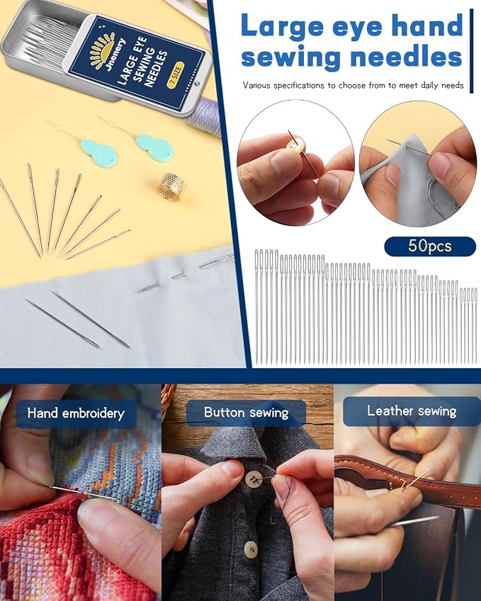 50 Pcs Large Eye Sewing Needles, 7 Size Embroidery Needles for Handsewing | Leather Sewing Thread Sharp Needle, Stainless Steel Yarn Knitting Needle with Threader, Thimble for Repair, Quilting